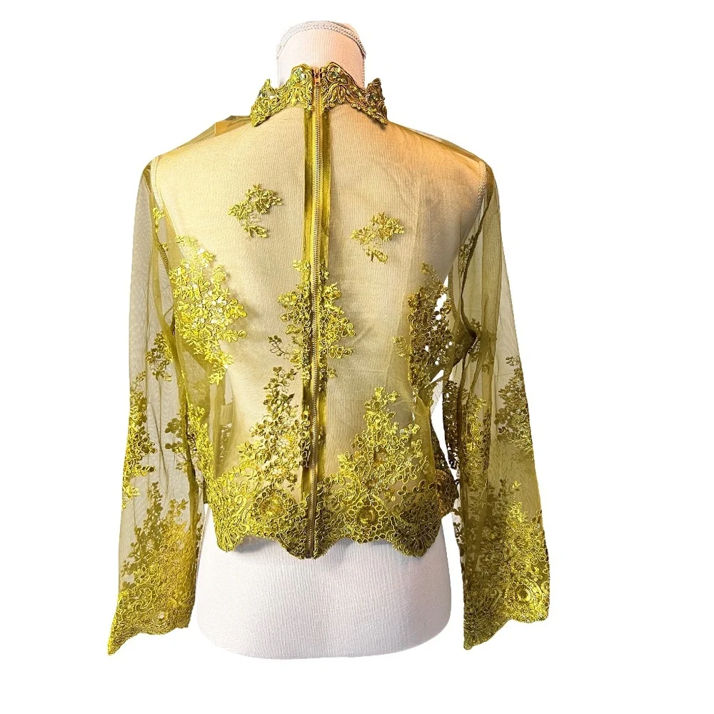 #A048   FT INC Olive Green Embroidered Mesh Top with High Neck, Sequins, XL - Picture 4 of 12